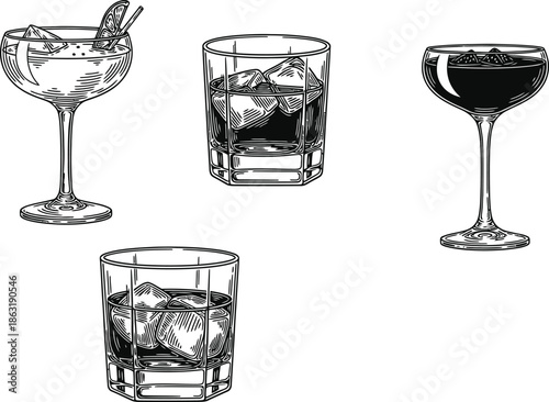 Cocktails alcoholic daiquiri, old fashioned, manhattan, martini, sidecar glass hand drawn engraving vector illustration vintage style 