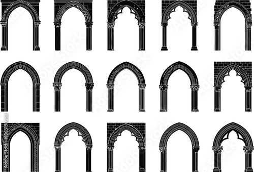 Collection of detailed architectural arch drawings featuring various styles and stone textures ideal for historical or fantasy illustrations and design  