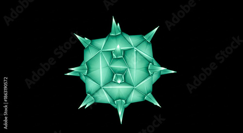 Abstract Geometric Orb Sculpture with Sharp Spikes, Glowing Teal Light, Dark Background, Futuristic Design