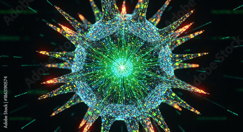 Digital virus abstract structure with glowing circuits and data streams on dark background