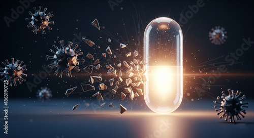 3D Render Coronavirus Vaccine Breaking Through with Light in Dark Space Medical Concept