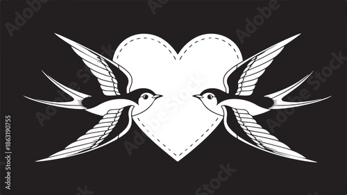 Two swallows flying around heart shape