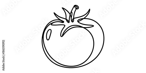 Simple black and white continuous line art illustration of a ripe tomato Vector, illustration