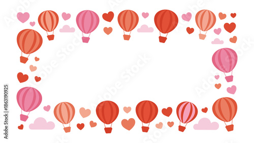 Love in Flight: A charming frame of pastel hot air balloons and hearts, evoking a sense of romance and adventure, is perfect for conveying love, celebration, or joyful message.