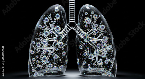 3D Medical Illustration of Human Lungs with Virus Particles and Bronchial Tree in Glowing Blue Light