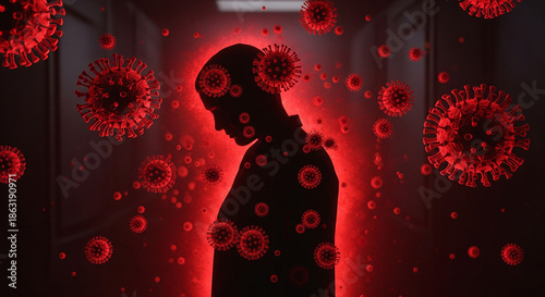 Silhouette of scientist analyzing coronavirus COVID-19 virus particles in red glowing lab with microscope and virus models