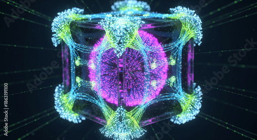 3D Neural Network Core with Glowing Data Flow in Cyber Technology Futuristic Environment