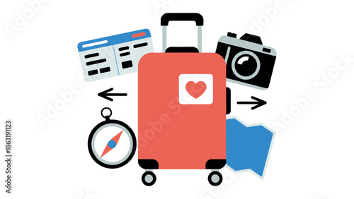 Journey Essentials: A colorful illustration presents a travel suitcase surrounded by essential items for a vacation, perfect for evoking wanderlust and the thrill of adventure.