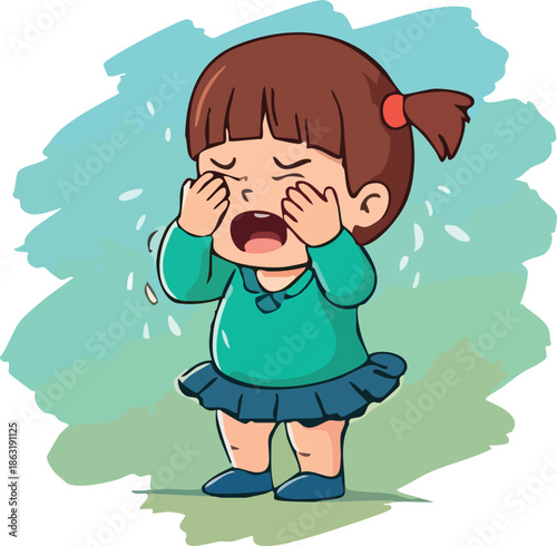A cute cartoon illustration depicts a little girl crying loudly while rubbing her eyes, expressing strong emotions in a childlike and adorable style.