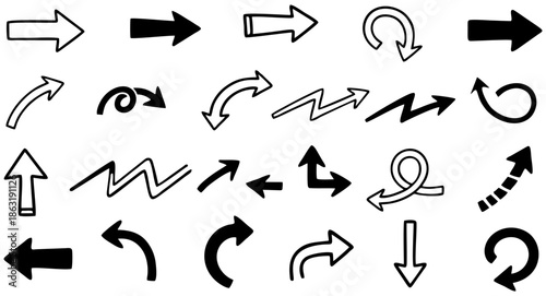 Collection hand drawn arrows. Set simple arrows isolated on white background. Arrow mark icons. Arrow paint