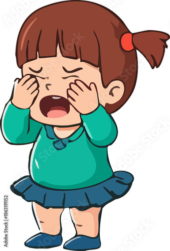 A cute cartoon illustration shows a little girl crying loudly with her eyes covered, conveying strong toddler emotions in a playful, child-friendly style.