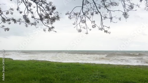Serene beachfront with overcast skies and gentle waves lapping the shoreline