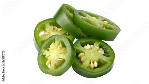 Sliced green jalapeno peppers with visible seeds