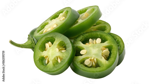 Sliced green jalapeno peppers on black background