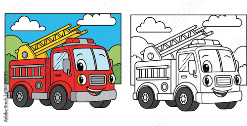 Cartoon fire truck coloring book page. Cute red fire engine vehicle character with outline for kids. Educational transport vector illustration.
