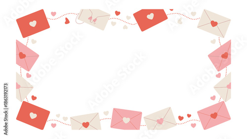 Love Letters Frame: A romantic illustration of envelopes and hearts creates a beautiful border to frame a space for your special message. Evoking the tender sentiments of romance.