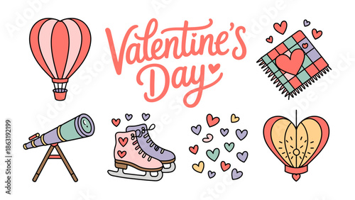 Valentine's Day Decorations: Captivating composition of charming illustrations featuring festive decorations, perfect for spreading love. 