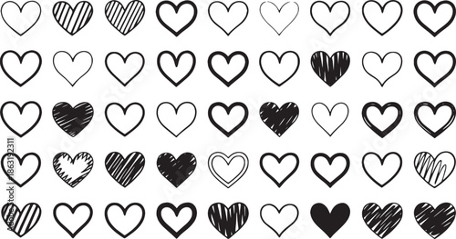 Set of black heart icons and sketch love symbols featuring doodle outline and scribbled shapes for valentine's day romance and wedding design elements on transparent background