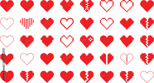 Red heart vector icon collection featuring pixel art styles, broken hearts, outlines and solid shapes for valentine day romance, wedding love symbols and game design interface