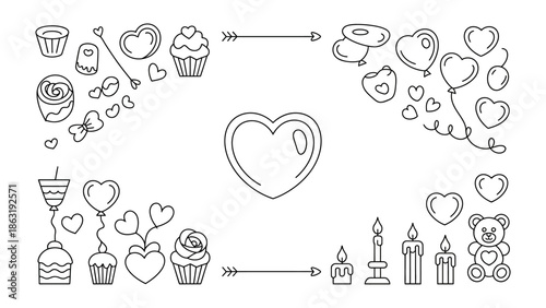 Love-themed Sketch: An assortment of heart-shaped balloons, and other festive items that evoke feelings of warmth and affection, designed with delicate linework and a focus on detail.
