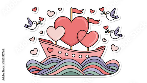 Love Boat's Romantic Voyage: A charming cartoon depicts a love-themed boat sailing on waves of affection, tenderly surrounded by hearts and carrying love-filled flags, birds, evoking romance