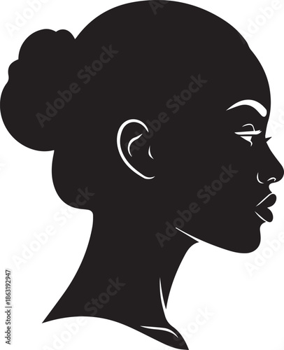 Black silhouette profile portrait of a woman with hair bun