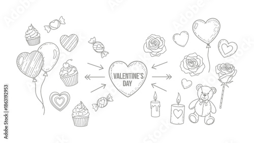 Valentine's Day Line Art: Festive elements, including hearts, roses, balloons, candy, cupcakes, teddy bear and candle, come together to celebrate love and affection for a happy Valentine's Day.