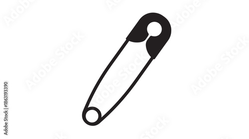 Black outline safety pin icon, minimalist vector line art with rounded head and circular clasp on white background, clean flat design for UI logos