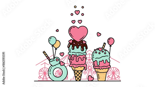 Sweet Harmony: A trio of delightful ice cream cones and hearts in pastel hues, a perfect blend of sweetness and charm.