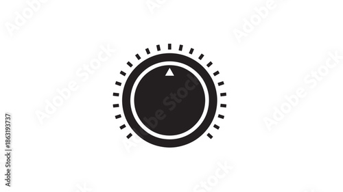 Minimalist black round knob vector icon with tick marks around the outer ring and a small top pointer, suitable for audio controls and UI design