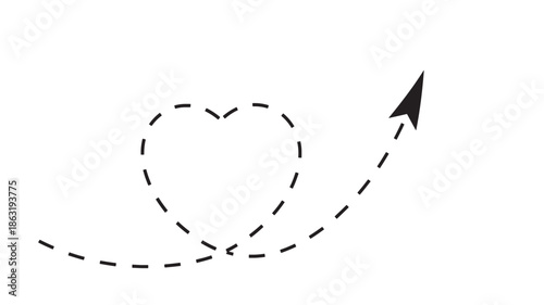 Black dashed line forming a heart-shaped path with a curved tail ending in an arrow, minimalist vector illustration on white background