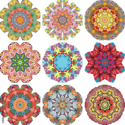 Set of colorful cute Mandalas. Decorative unusual round ornaments.