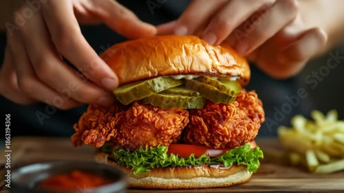 Delicious fried chicken sandwich with fresh ingredients close up