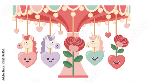 Enchanted Carousel: An enchanting carousel adorned with whimsical unicorns, heart-shaped ornaments, and blooming roses, evoking a sense of wonder and childlike delight.