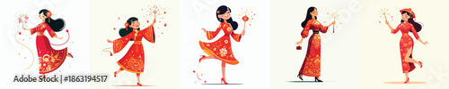 vector of woman playing Chinese New Year fireworks