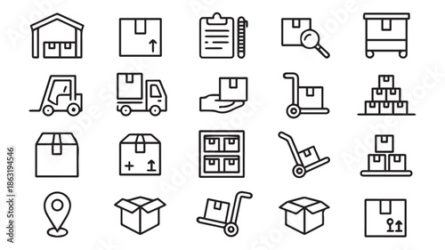 Set of Logistics and Shipping Icons in Black and White Line Art Style