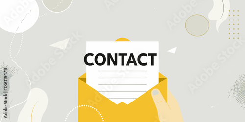An envelope displaying the word contact with a hand reaching for it
