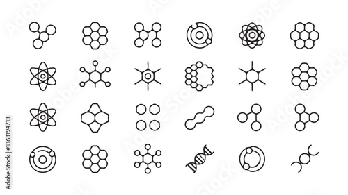 A collection of 20 simple black and white molecular structure illustrations