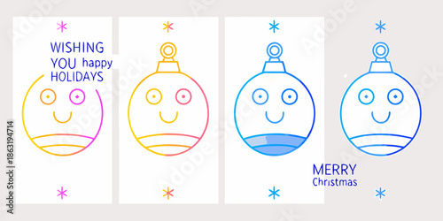 Festive robot faces with holiday greetings in pink yellow and blue hues