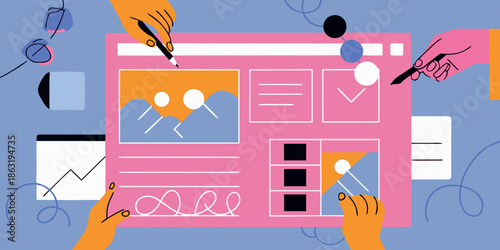 Digital interface design with hands sketching and elements for user experience