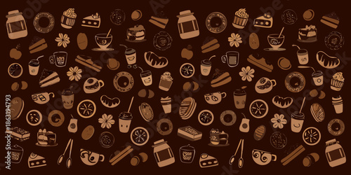A delightful pattern of coffee desserts and sweet treats in brown tones