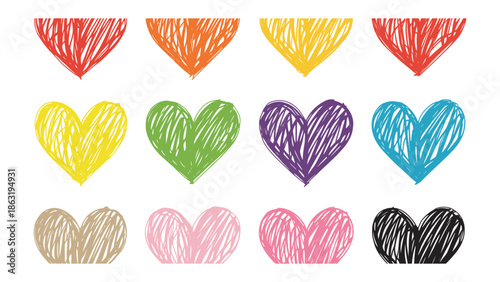 Vibrant Hearts in Harmony: A captivating array of hand-drawn hearts, each a unique masterpiece of color and emotion, representing love, warmth, and affection in all its splendid forms.
