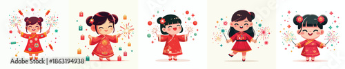 vector of little girl playing Chinese New Year fireworks