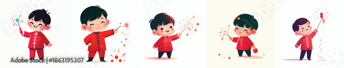 vector of little boy playing Chinese New Year fireworks