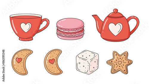 Sweet Treats Ensemble: An array of delightful pastries, from macarons to heart-shaped cookies and a cute teapot, invites one to indulge in a symphony of flavors.