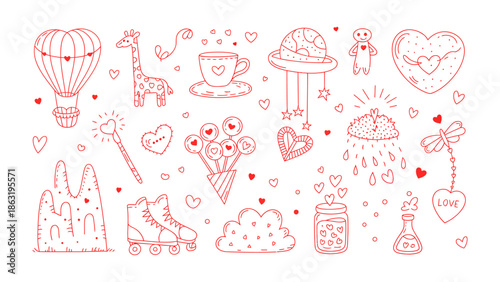 Valentine's Day Icon: A collection of delightful, hand-drawn icons in a romantic theme, perfect for celebrating love and affection. Each element radiates warmth and joy.