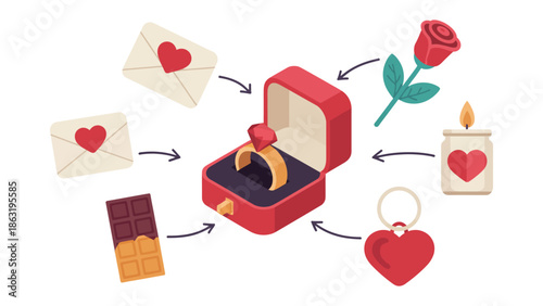 A Token of Affection: A romantic collage of symbols includes a sparkling ring in a velvet box, accompanied by a letter with heart, a single rose, chocolate, a candle and a heart shaped pendant.