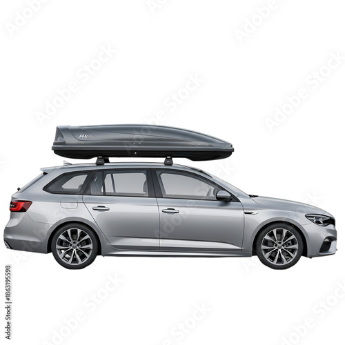 Silver Car with Roof Box on White Background