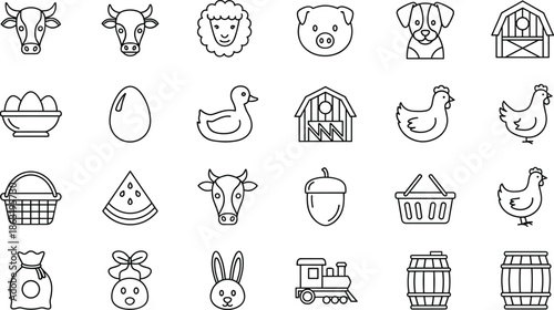 Farm icon set, cow, pig, sheep, dog, barn, chicken, rabbit, watermelon, eggs, barrel, sack, agriculture, rural, black line vector