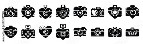 Collection of valentine photo camera silhouette valentine vector icon set. Clean romantic icons symbols isolated on a white background for Valentine’s Day.
